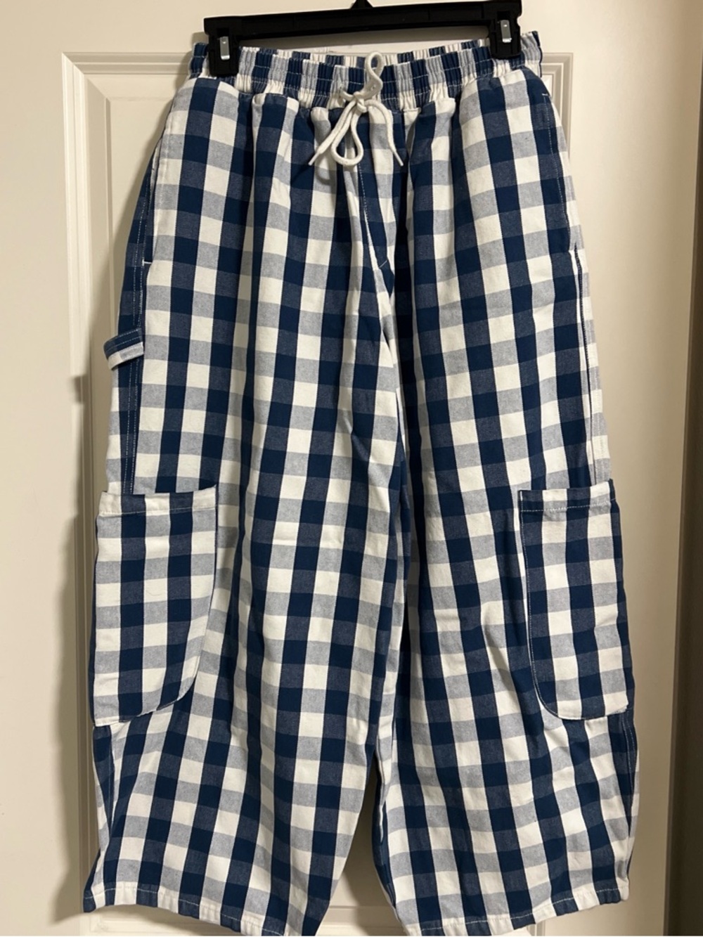BDG Eva Canvas Crop Blue and White Gingham Wide/barrel Leg Pants